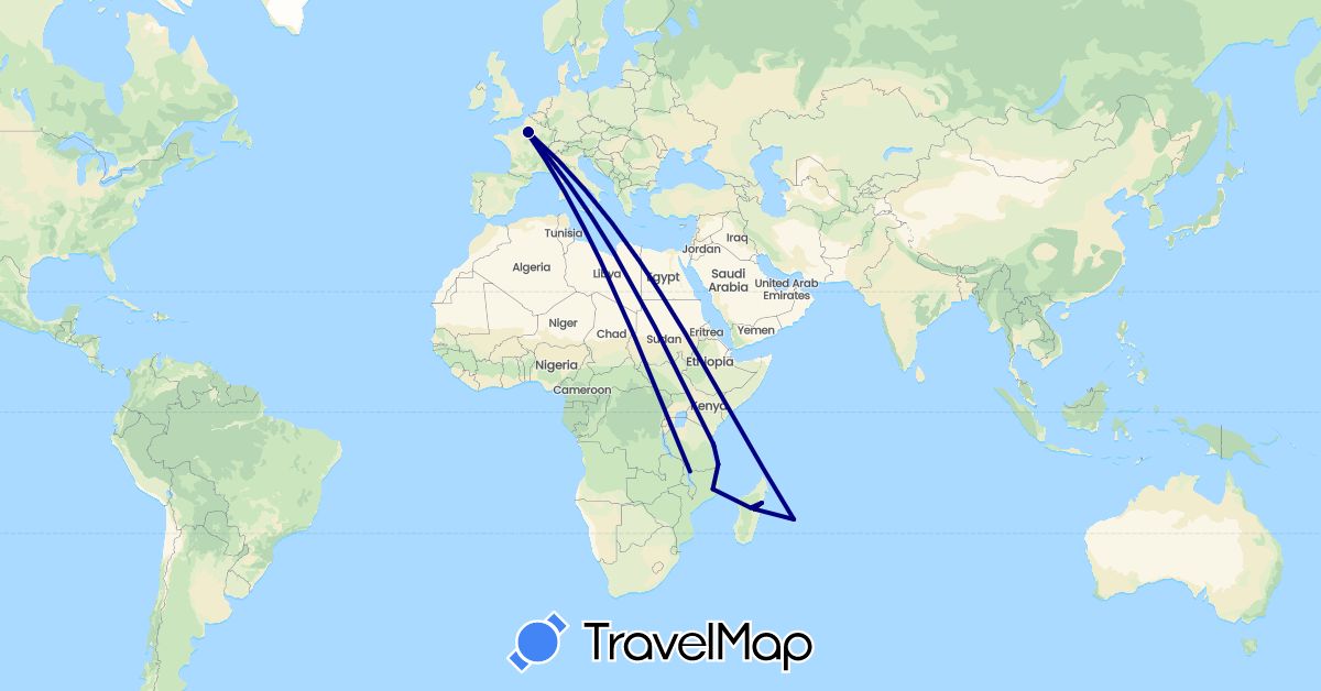 TravelMap itinerary: driving in France, Madagascar, Mozambique, Réunion, Tanzania (Africa, Europe)